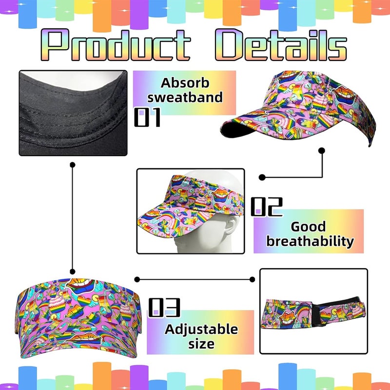 YYFD Rainbow Pride Sport Sun Visor Hat Adjustable LGBT Hats Summer Empty Cap Gay Visor Caps for Women Men - Image 3